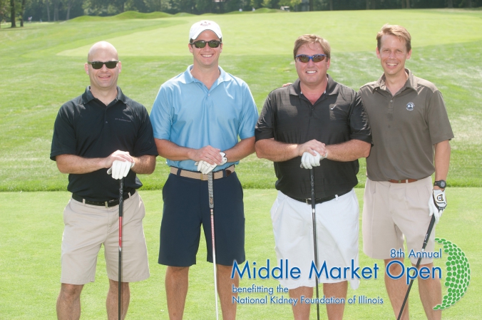 foursome poses for free logo branded golf photo printed onsite, middle market open, charity golf event for national kidney foundation illinois, Olympia Fields Country Club