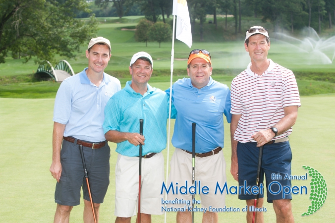 foursome poses for golf photo souvenir, printed onsite, middle market open, charity golf event for national kidney foundation illinois, Olympia Fields Country Club