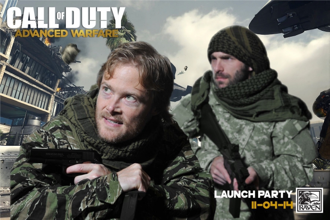 raven software game designers pose in green screen photo activity at launch party for call of duty advanced warfare, onsite printing and social media by fab photo