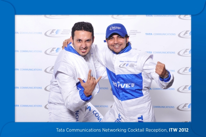 Tata communications had race car suits for props at their step and repeat photo activity, ITW 2012