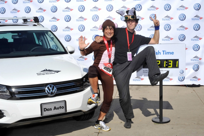 man in monkey suit finish line chicago marathon, step repeat photography sponsored by volkswagen, fab photo chicago