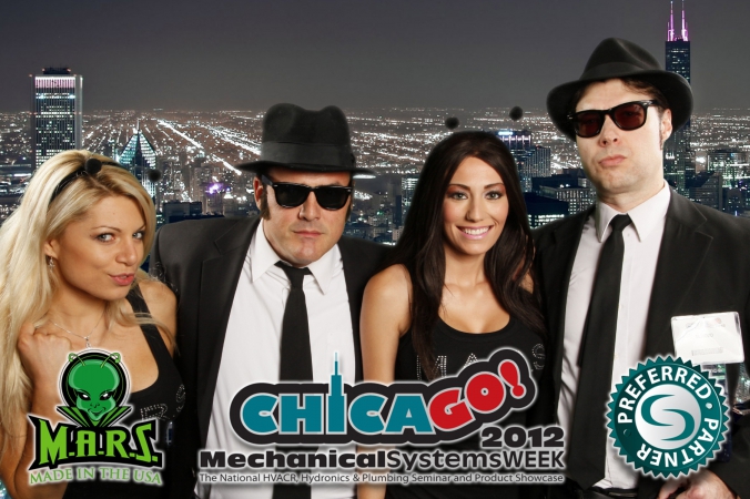blues brothers pose with tradeshow models at greens screen photobooth, schaumburg renaissance convention center